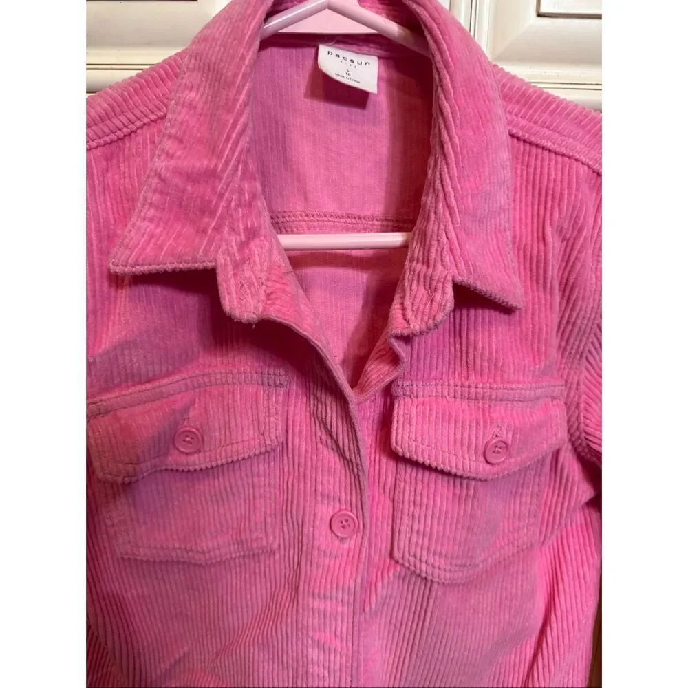 PacSun Kids Corduroy Collared Button Front Long Sleeve Shacket Pink Size Large